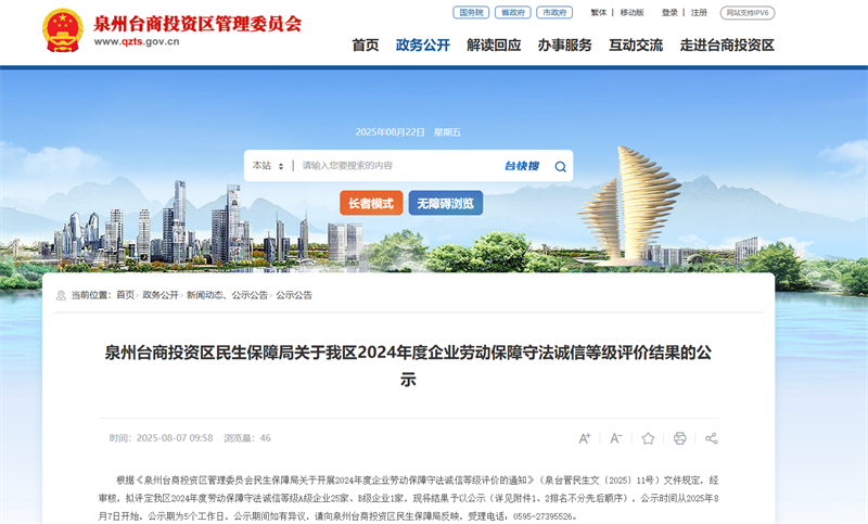 泉工股份获评泉州台商投资区2024年度“劳动保障守法诚信A级企业”称号